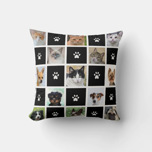 Cats & Dogs Custom Photos & Paw Pattern on Black Cushion (Front)