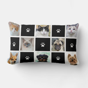 Cats & Dogs Custom Photos & Paw Pattern on Black Lumbar Cushion