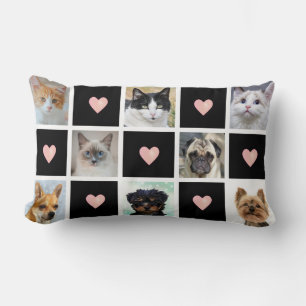 Cats & Dogs Custom Photos with Heart on Black Lumbar Cushion