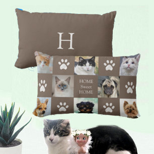 Cats & Dogs Custom Photos with Paws on Lucky Beige Lumbar Cushion