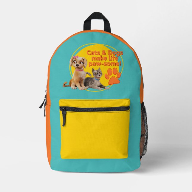 Cats & Dogs Make Life Paw-some! Printed Backpack (Front)