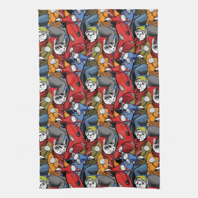 Cats & Dogs Scooter Pattern Tea Towel (Vertical)