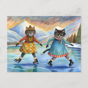Cats dressed up ice skating on the lake in Alps Holiday Postcard