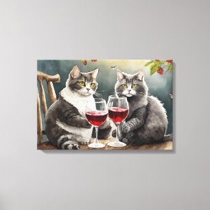 Cats Drinking Wine Stretched Canvas Print! Print