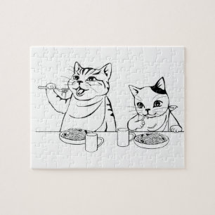 Cats Eating Spaghetti Cute Absurd Funny Silly Jigsaw Puzzle