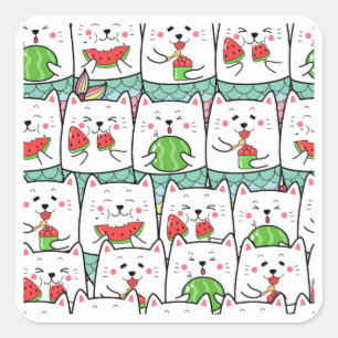 Cats Eating Watermelon Square Sticker