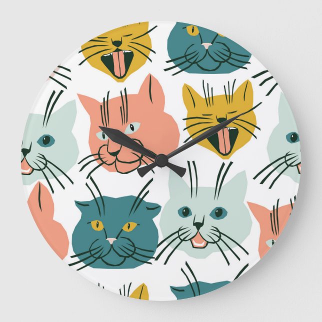 Cats Faces Funny Vintage Pattern. Large Clock (Front)