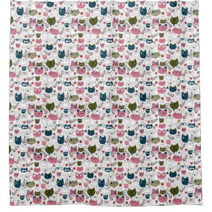 Cats faces muted warm green teal pink pattern shower curtain