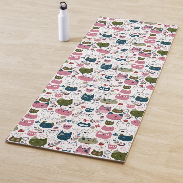 Cats faces muted warm green teal pink pattern yoga mat (In Situ)