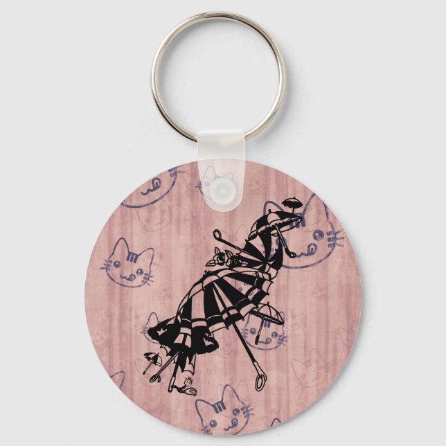 Cats Faces Parasols Umbrellas Ink art drawing  Key Ring (Front)