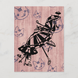 Cats Faces Parasols Umbrellas Ink art drawing   Postcard