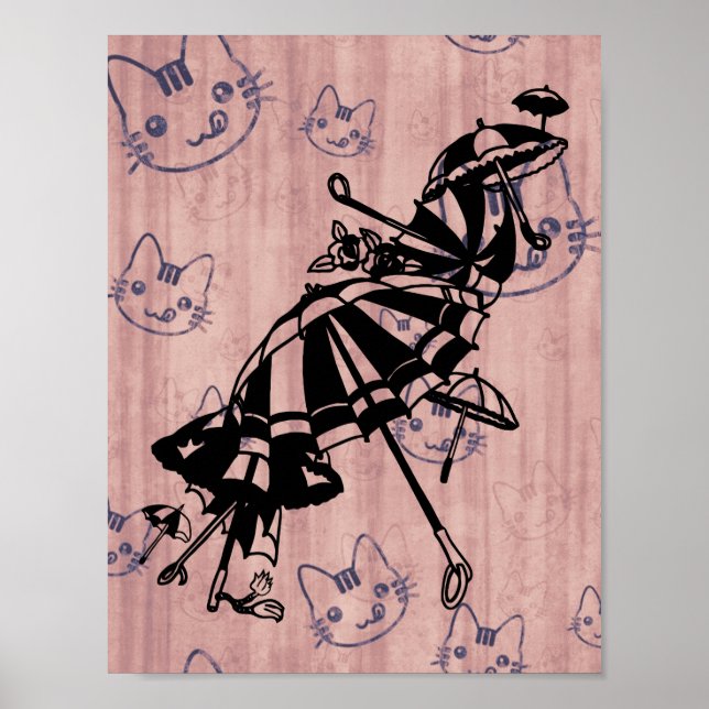 Cats Faces Parasols Umbrellas Ink art drawing  Poster (Front)