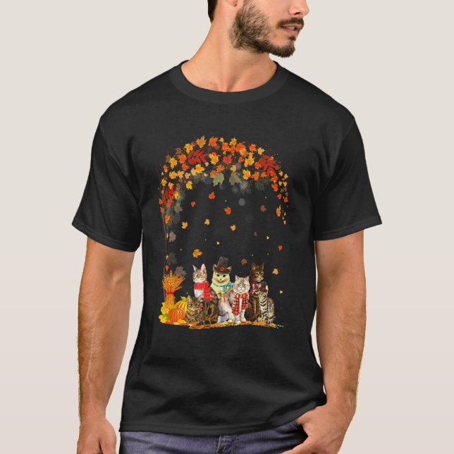 Cats Fall Autumn Leaf Tree  Cat T-Shirt (Front)