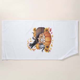 Cats Fall Autumn Pumpkins Thanksgiving Sunflower C Beach Towel