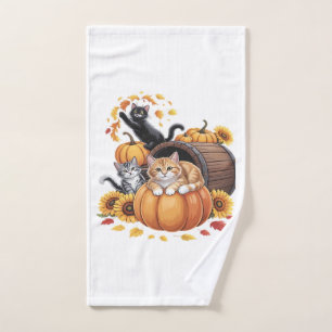 Cats Fall Autumn Pumpkins Thanksgiving Sunflower C Hand Towel