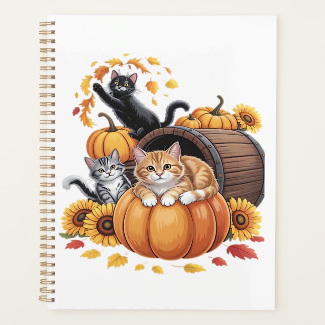 Cats Fall Autumn Pumpkins Thanksgiving Sunflower C Planner (Front)
