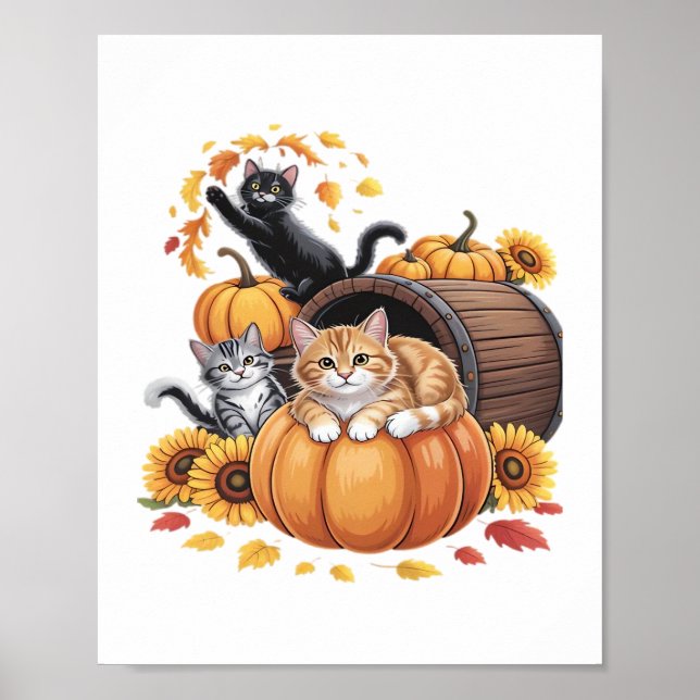 Cats Fall Autumn Pumpkins Thanksgiving Sunflower C Poster (Front)