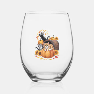 Cats Fall Autumn Pumpkins Thanksgiving Sunflower C Stemless Wine Glass