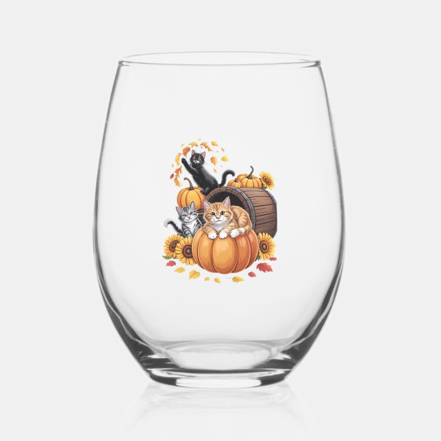 Cats Fall Autumn Pumpkins Thanksgiving Sunflower C Stemless Wine Glass (Front)