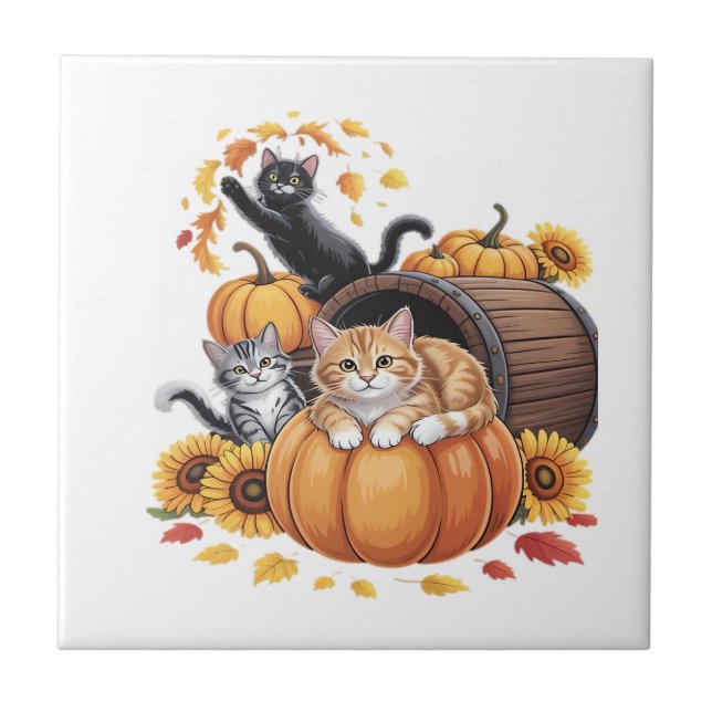 Cats Fall Autumn Pumpkins Thanksgiving Sunflower C Tile (Front)