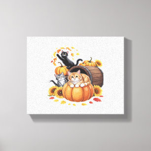 Cats Fall Autumn Pumpkins Thanksgiving Sunflower O Canvas Print