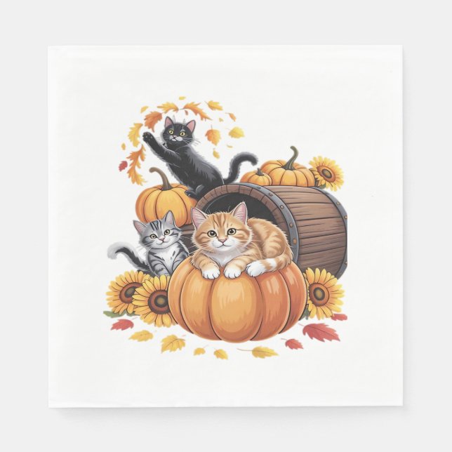 Cats Fall Autumn Pumpkins Thanksgiving Sunflower O Napkin (Front)