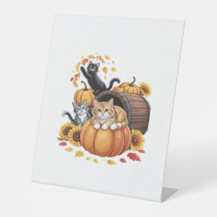 Cats Fall Autumn Pumpkins Thanksgiving Sunflower O Pedestal Sign