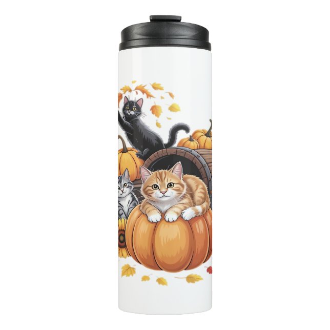 Cats Fall Autumn Pumpkins Thanksgiving Sunflower O Thermal Tumbler (Front)