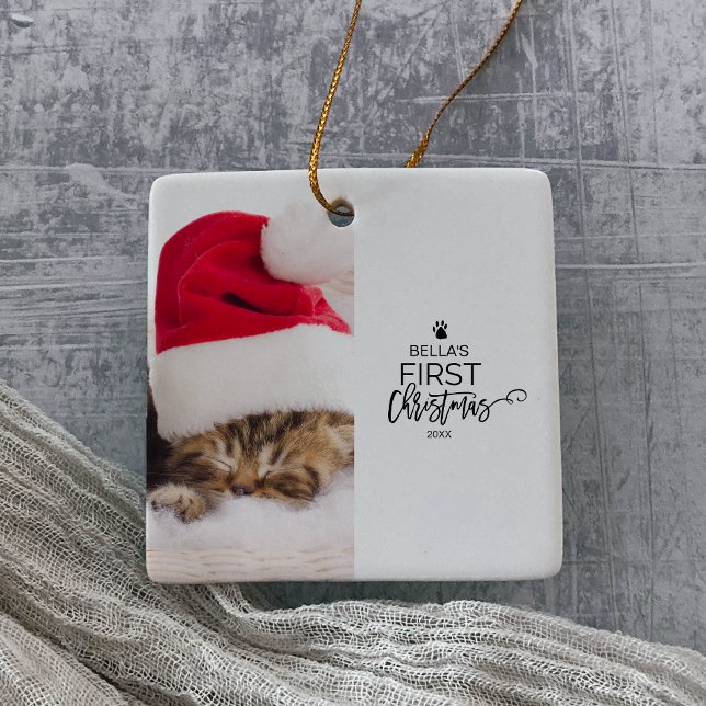 Cat's First Christmas Photo Holiday Ceramic Ornament (Creator Uploaded)