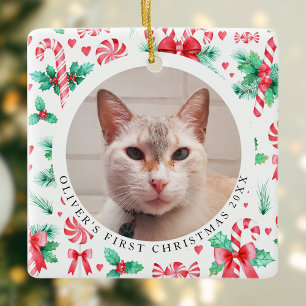 Cats First Christmas Photo Watercolor Candy Canes Ceramic Ornament