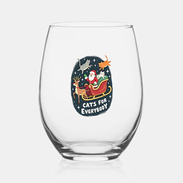 Cats For Everybody Christmas Cat Funny Xmas Women  Stemless Wine Glass (Front)