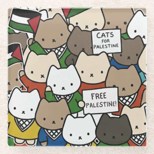 Cats for Palestine – Kawaii Cats for Justice Glass Coaster (Front)