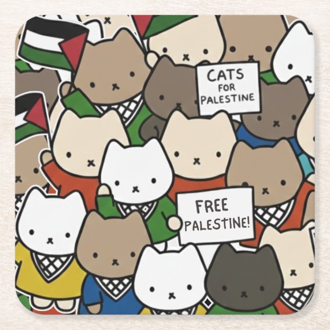 Cats for Palestine – Kawaii Cats for Justice Square Paper Coaster (Front)