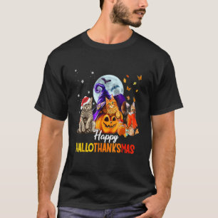 Cats Happy Hallothanksmas Halloween Thanksgiving T-Shirt