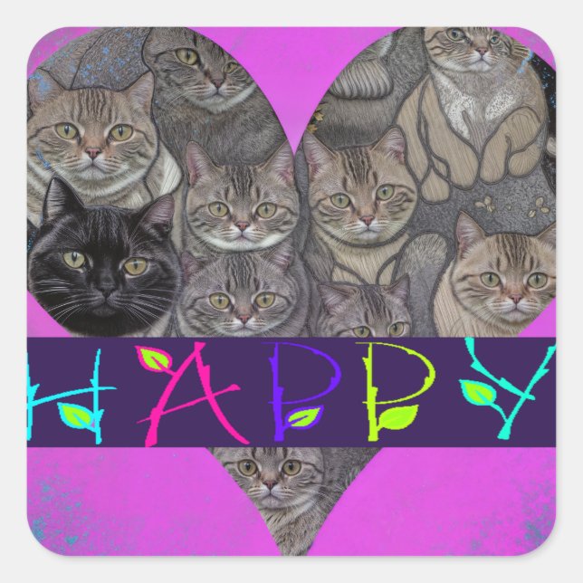 CATS HAPPY T-SHIRT SQUARE STICKER (Front)