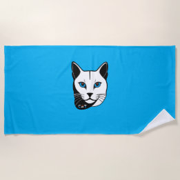 Cats head in black and white blue eyes + text beach towel