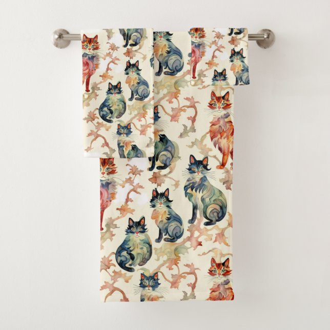 Cats in a Chinese Watercolor Pattern  Bath Towel Set (Insitu)