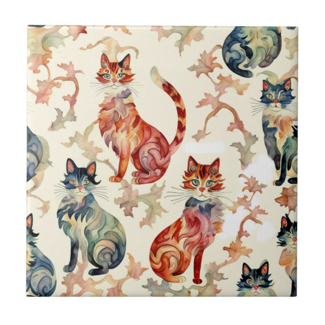 Cats in a Chinese Watercolor Pattern  Tile (Front)