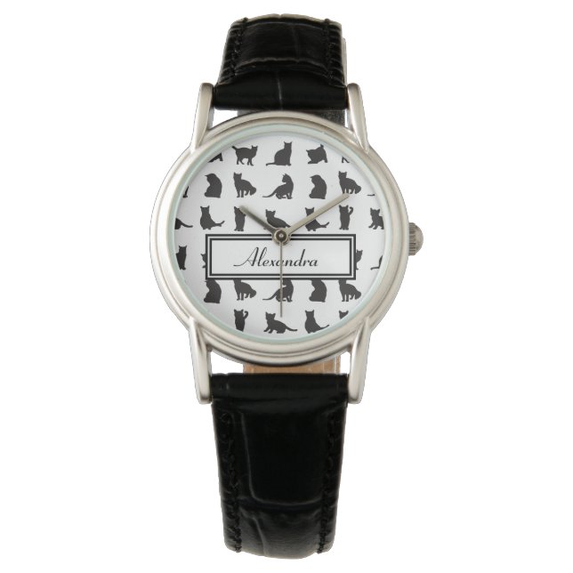  Cats in Black Silhouette Pattern with First Name Watch (Front)