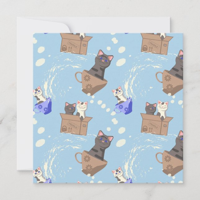 Cats in box and milk drops on blue (Front)