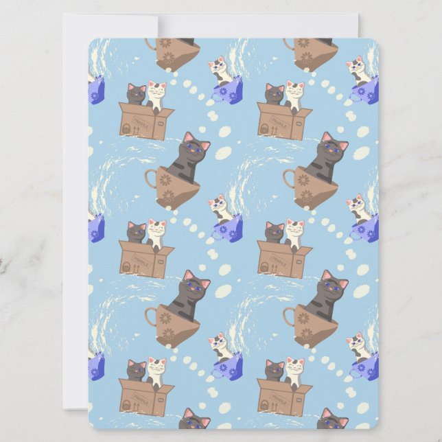 Cats in box and milk drops on blue (Front)