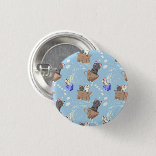 Cats in box and milk drops on blue 3 cm round badge