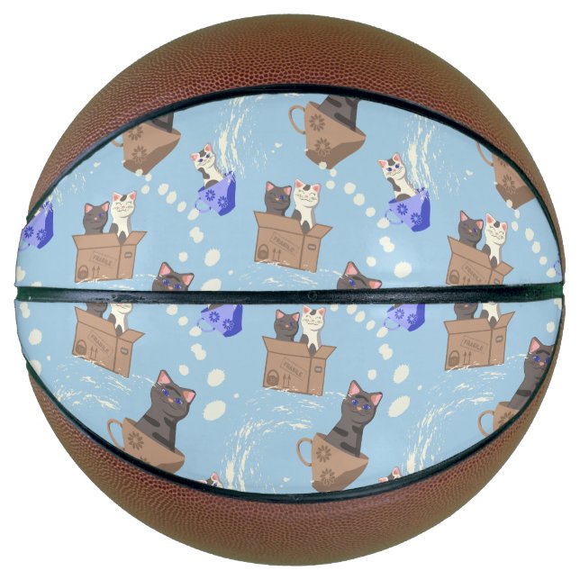 Cats in box and milk drops on blue basketball (Front)