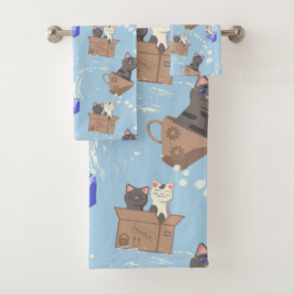 Cats in box and milk drops on blue bath towel set