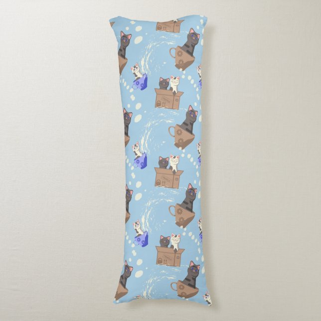 Cats in box and milk drops on blue body cushion (Front Vertical)