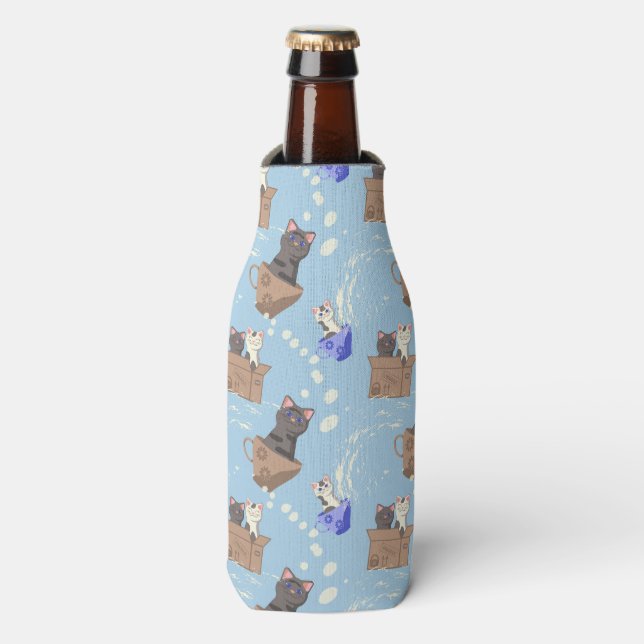 Cats in box and milk drops on blue bottle cooler (Bottle Front)