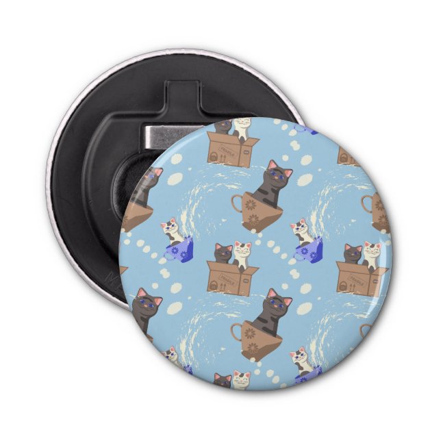 Cats in box and milk drops on blue bottle opener (Front)