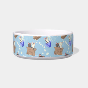 Cats in box and milk drops on blue bowl