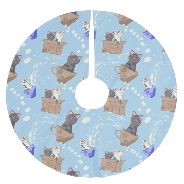 Cats in box and milk drops on blue brushed polyester tree skirt (Front)