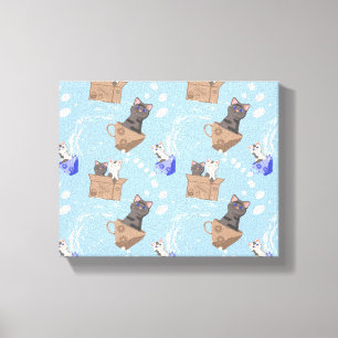 Cats in box and milk drops on blue canvas print